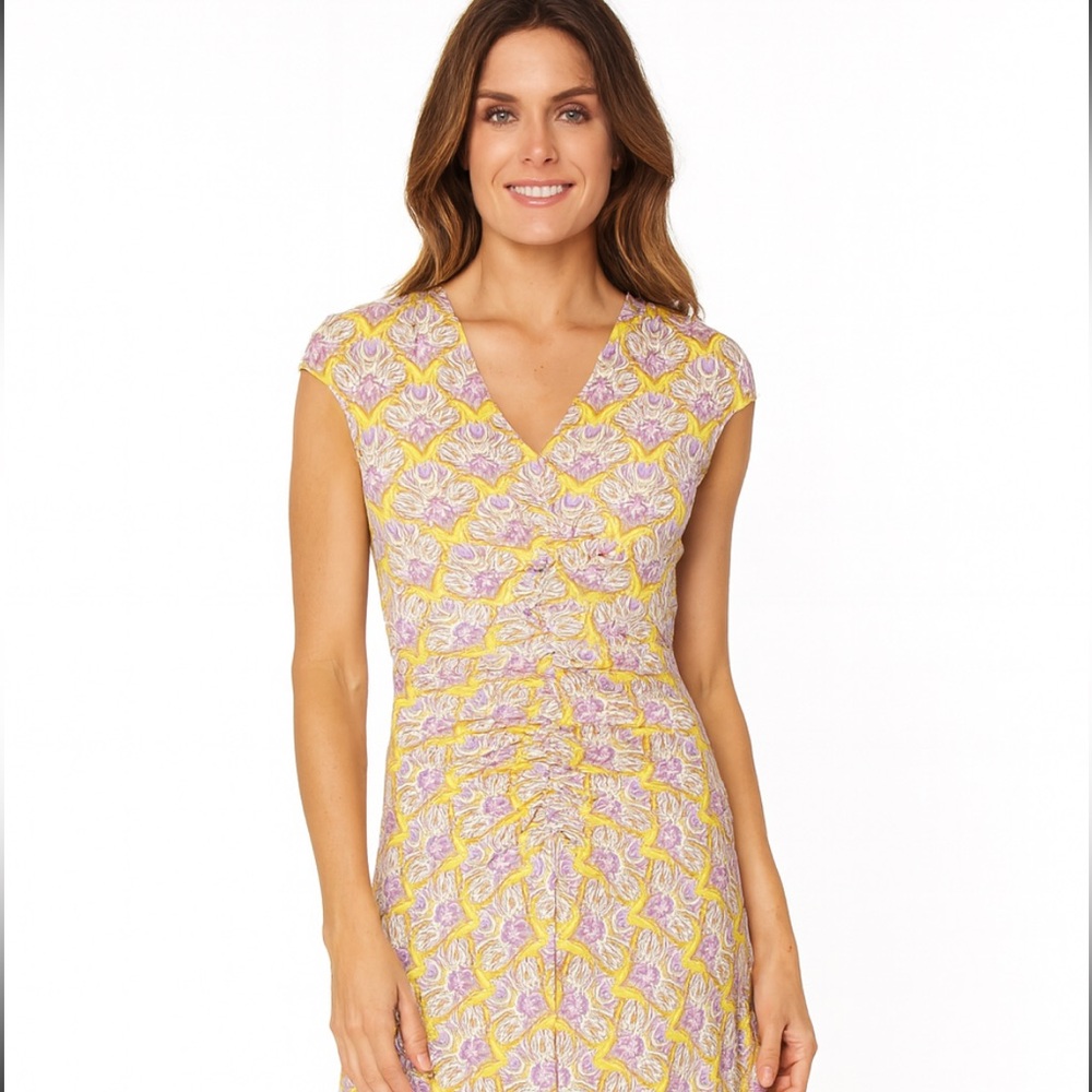 HALE‎ BOB Women Size S Yellow Floral Cap Sleeve V-Neck Gathered Waist Midi Dress - Picture 9 of 9